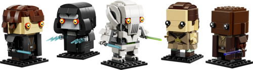 Cinq figurines LEGO BrickHeadz Star Wars La Revanche des Sith alignées sur socles noirs : Padmé, Anakin, Grievous, Palpatine et Mace Windu