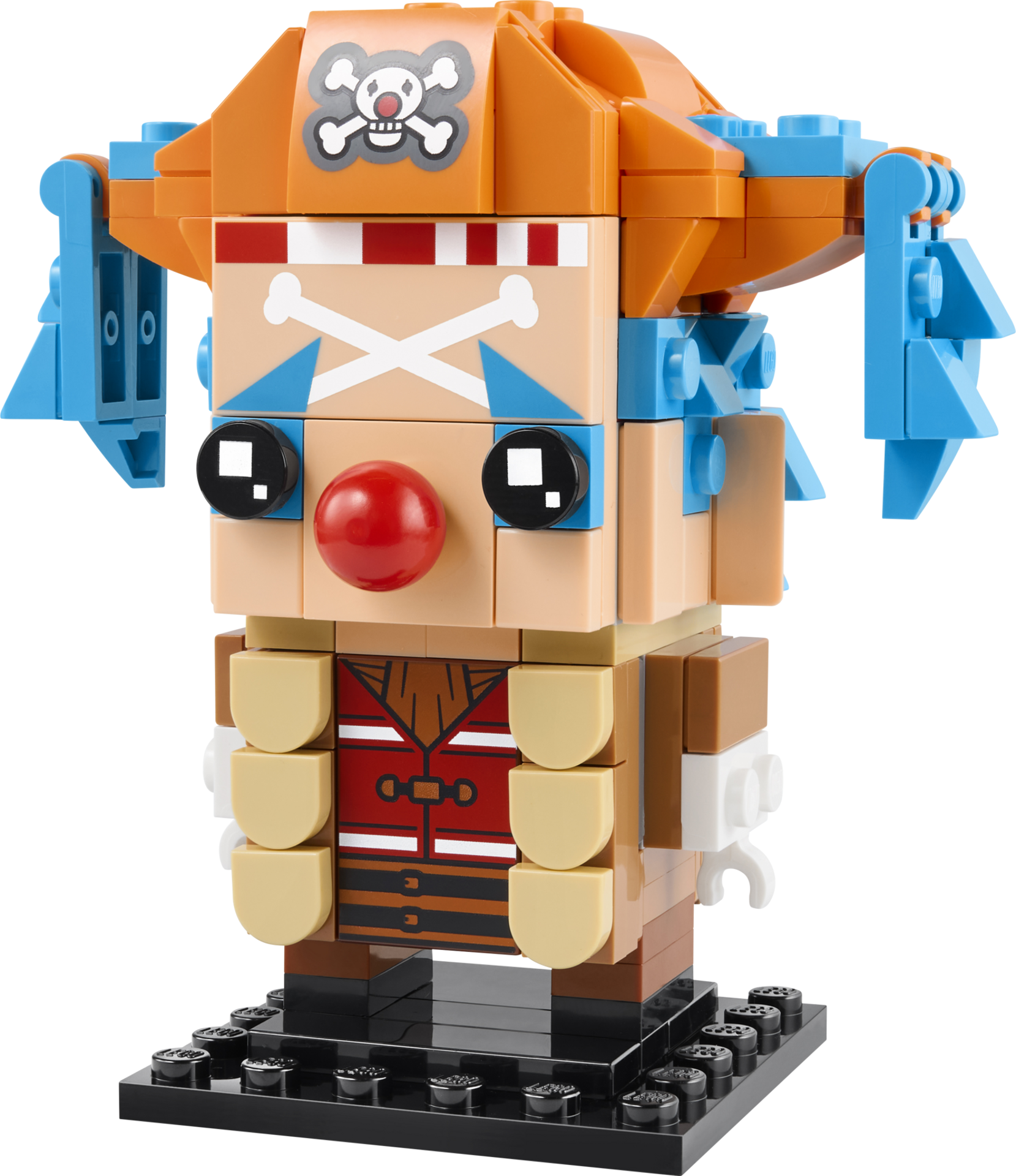 Vue de face de la figurine LEGO BrickHeadz Baggy le Clown avec chapeau orange, nez rouge et cheveux bleus sur socle noir