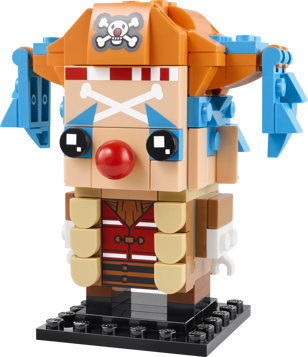 Vue de face de la figurine LEGO BrickHeadz Baggy le Clown avec chapeau orange, nez rouge et cheveux bleus sur socle noir