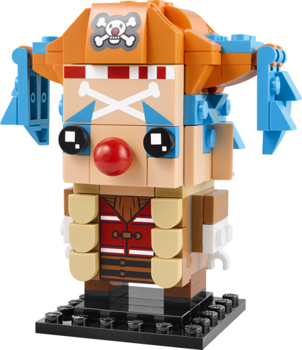 Vue de face de la figurine LEGO BrickHeadz Baggy le Clown avec chapeau orange, nez rouge et cheveux bleus sur socle noir