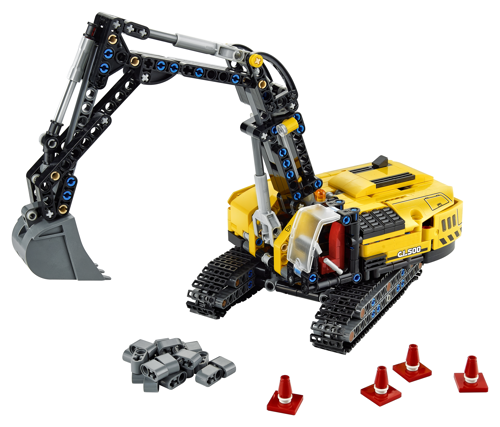LEGO Technic 42121 Pelleteuse robuste jaune et noire avec godet, chenilles, cônes de signalisation et pièces accessoires sur fond blanc