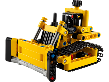 Vue de face du bulldozer LEGO Technic 42163 jaune avec lame et chenilles noires détaillées