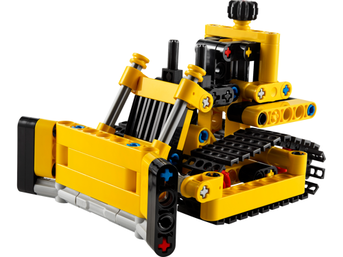 Vue de face du bulldozer LEGO Technic 42163 jaune avec lame et chenilles noires détaillées