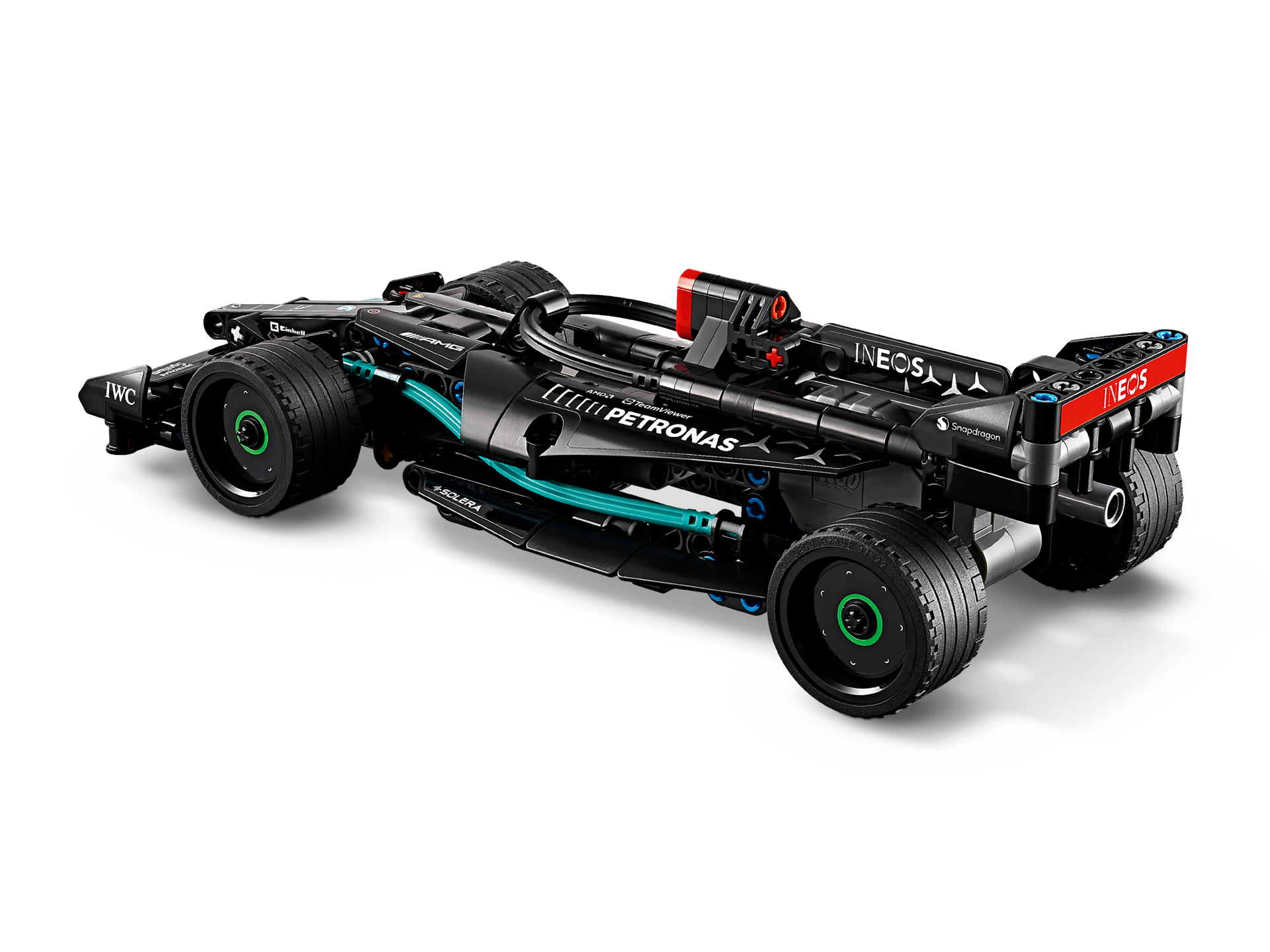 Vue arrière trois-quarts du LEGO Technic 42165 Mercedes-AMG F1 W14 noir avec sponsors Petronas et INEOS