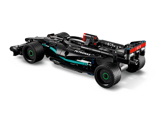 Vue arrière trois-quarts du LEGO Technic 42165 Mercedes-AMG F1 W14 noir avec sponsors Petronas et INEOS