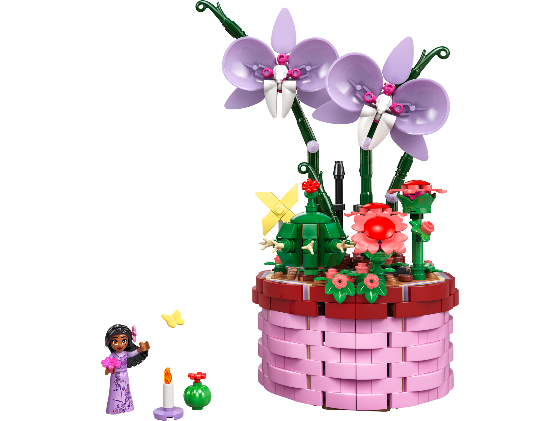 Pot de fleurs d'Isabela LEGO Disney 43237 avec orchidées lavande, mini-poupée Isabela et accessoires sur fond blanc
