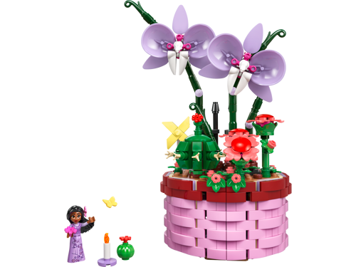 Pot de fleurs d'Isabela LEGO Disney 43237 avec orchidées lavande, mini-poupée Isabela et accessoires sur fond blanc