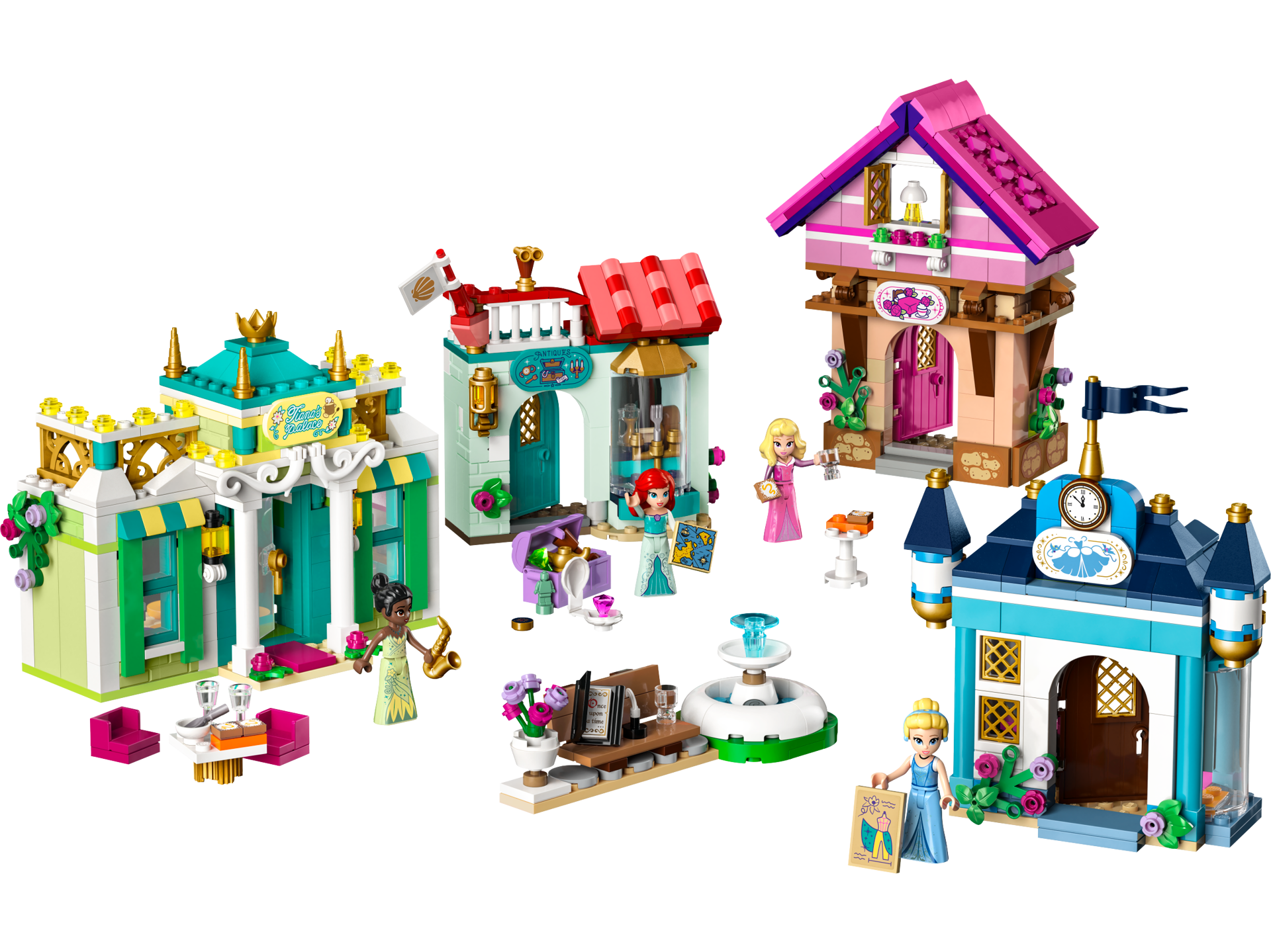 LEGO Disney 43246 vue d'ensemble du marché des princesses avec quatre boutiques, fontaine et mini-poupées Tiana, Ariel, Aurore et Cendrillon