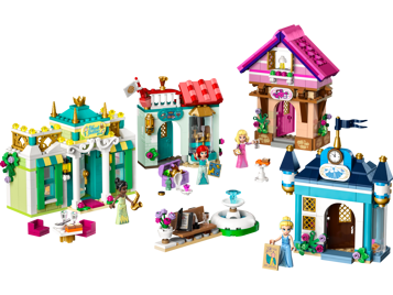 LEGO Disney 43246 vue d'ensemble du marché des princesses avec quatre boutiques, fontaine et mini-poupées Tiana, Ariel, Aurore et Cendrillon