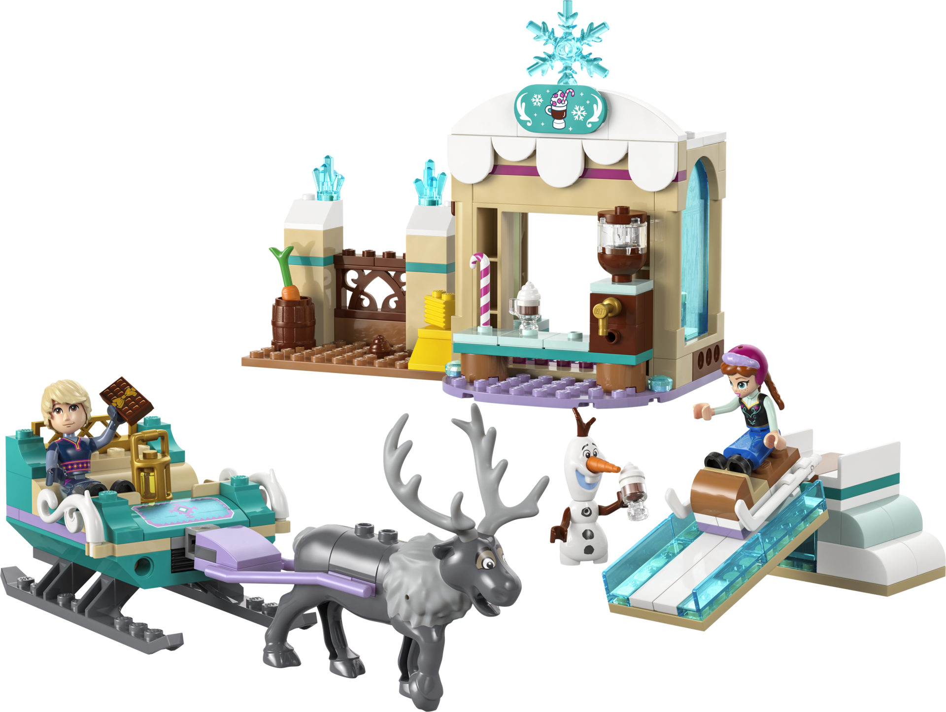LEGO Disney 43256 L'aventure en traîneau d'Anna - ensemble complet avec traîneau de Kristoff, Sven, échoppe et toboggan de glace