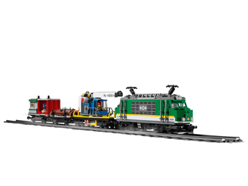 Train de marchandises LEGO 60198 sur rails avec locomotive verte, wagon-grue et wagon conteneur rouge