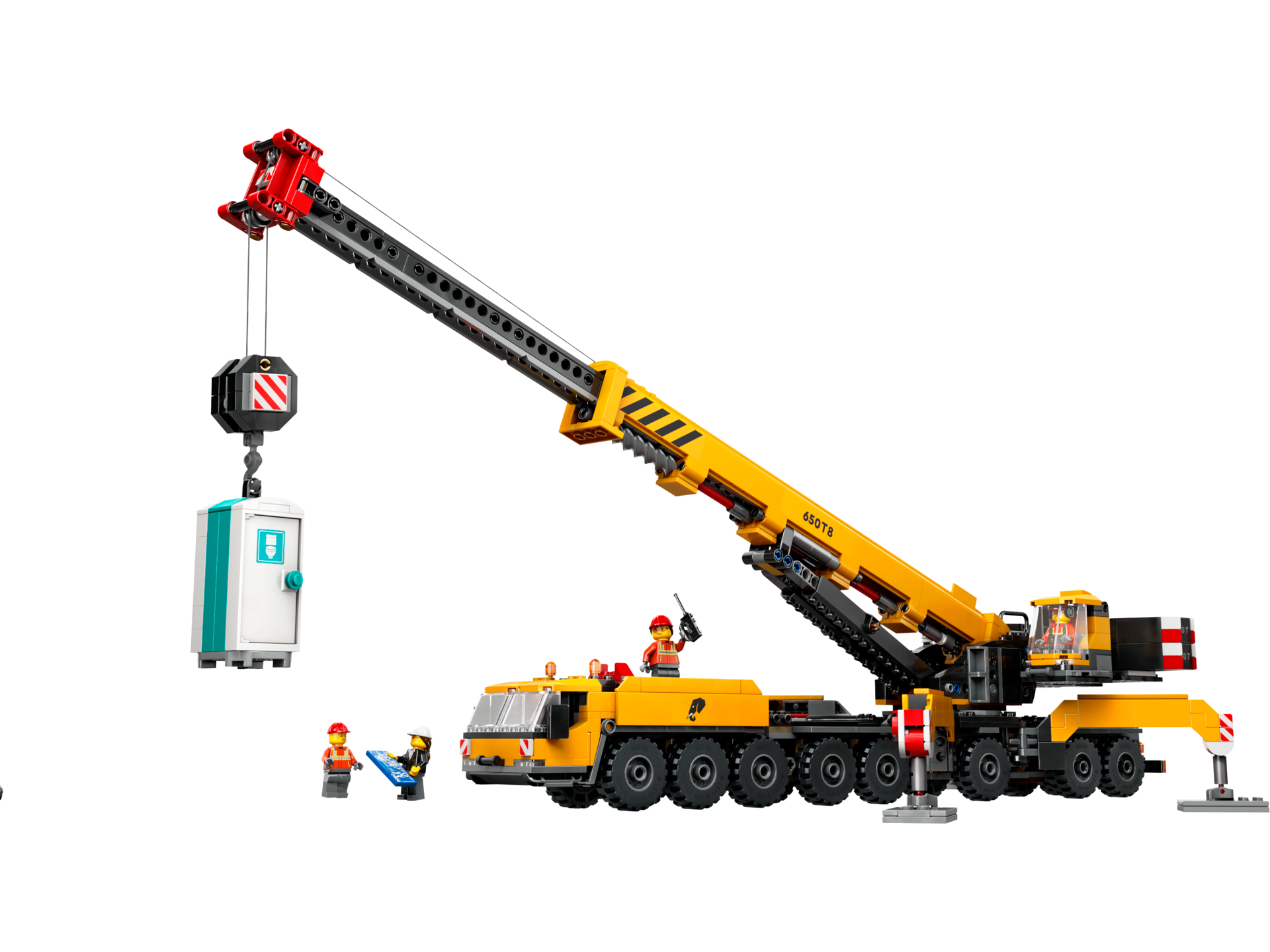 LEGO City 60409 grue de chantier mobile jaune avec bras déployé soulevant une cabine de toilettes et minifigurines d'ouvriers