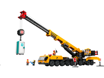 LEGO City 60409 grue de chantier mobile jaune avec bras déployé soulevant une cabine de toilettes et minifigurines d'ouvriers