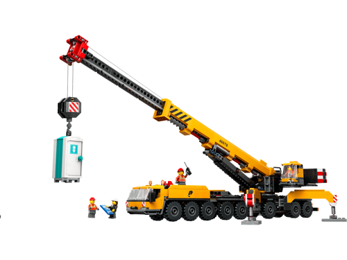 LEGO City 60409 grue de chantier mobile jaune avec bras déployé soulevant une cabine de toilettes et minifigurines d'ouvriers