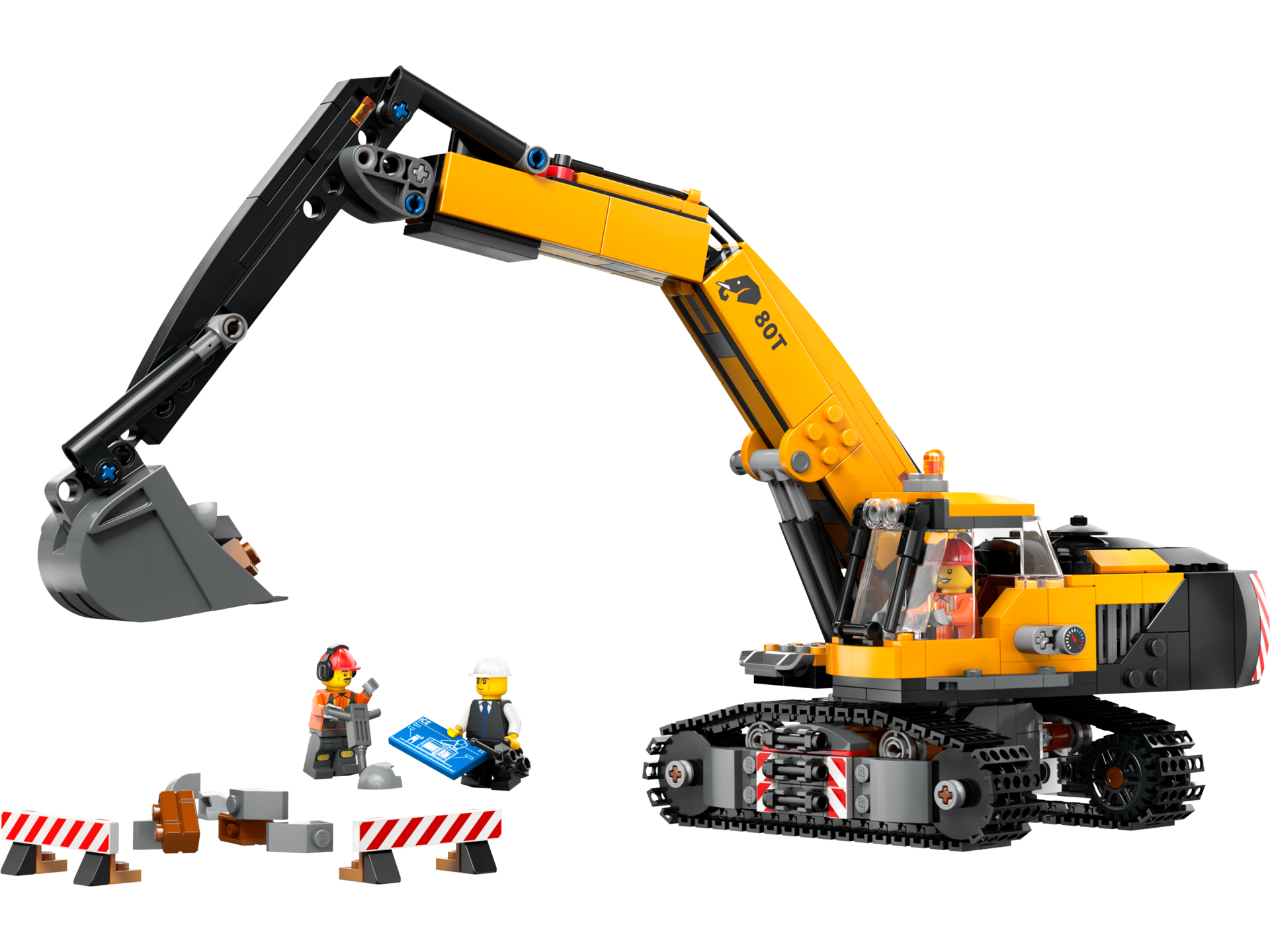 Pelleteuse de chantier LEGO City 60420 jaune et noire avec bras articulé, godet, deux minifigurines et barrières de chantier