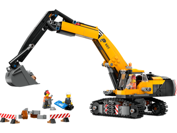 Pelleteuse de chantier LEGO City 60420 jaune et noire avec bras articulé, godet, deux minifigurines et barrières de chantier