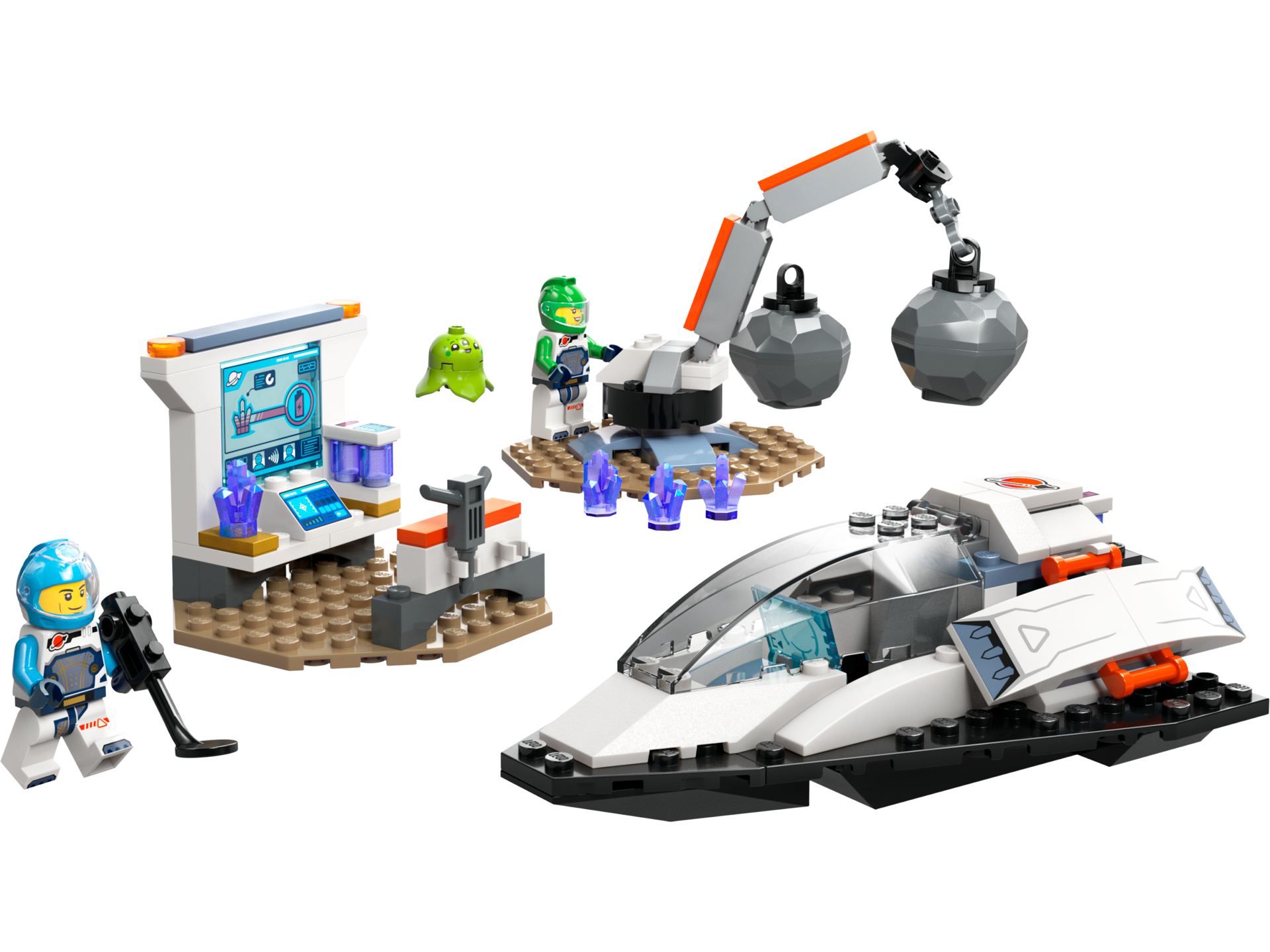 LEGO City 60429 ensemble complet avec vaisseau spatial blanc, station de recherche, bras mécanique, astéroïde et deux minifigurines astronautes