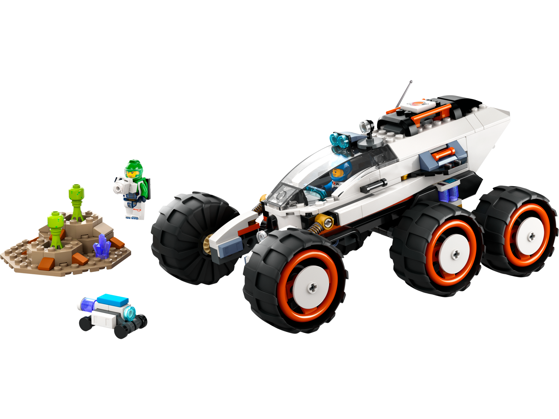 Vue de face du rover d'exploration spatiale LEGO City 60431 avec ses six grosses roues, minifigurine astronaute et terrain extraterrestre