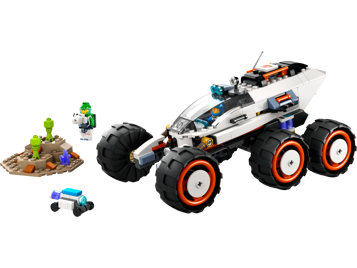 Vue de face du rover d'exploration spatiale LEGO City 60431 avec ses six grosses roues, minifigurine astronaute et terrain extraterrestre