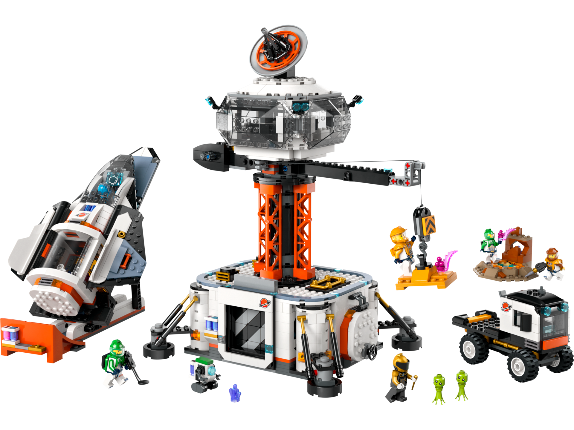 LEGO City 60434 base spatiale avec fusée sur rampe de lancement, tour de contrôle, rover, minifigurines astronautes et aliens