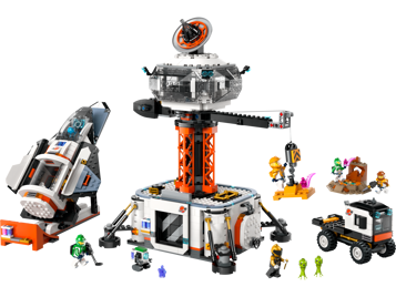 LEGO City 60434 base spatiale avec fusée sur rampe de lancement, tour de contrôle, rover, minifigurines astronautes et aliens