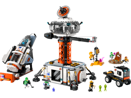 LEGO City 60434 base spatiale avec fusée sur rampe de lancement, tour de contrôle, rover, minifigurines astronautes et aliens