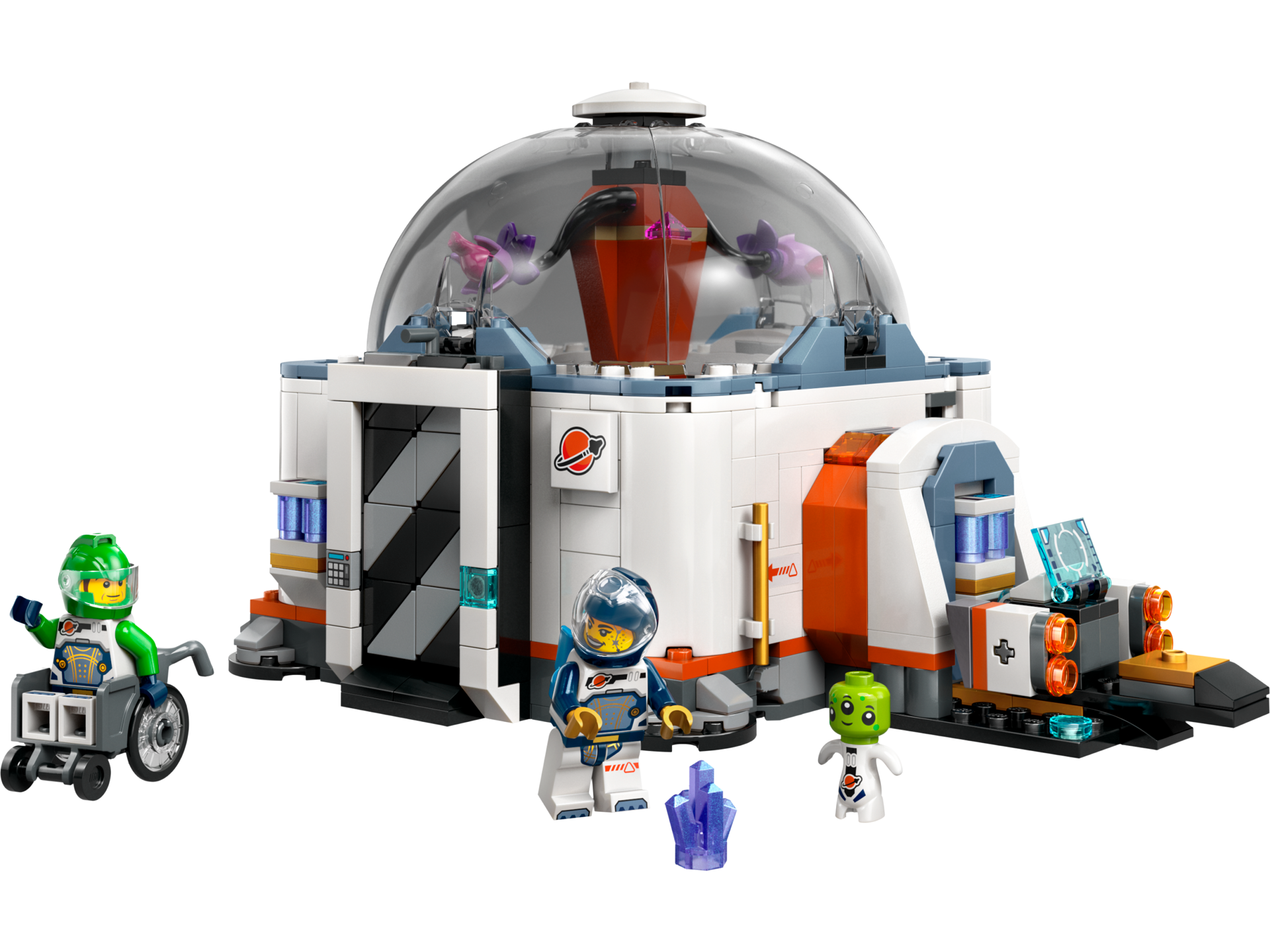 Vue de face du laboratoire scientifique spatial LEGO City 60439 avec dôme transparent, minifigurines d'astronautes et plantes extraterrestres