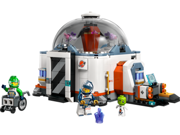 Vue de face du laboratoire scientifique spatial LEGO City 60439 avec dôme transparent, minifigurines d'astronautes et plantes extraterrestres