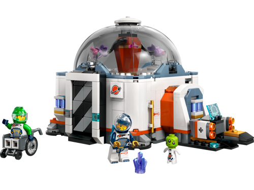 Vue de face du laboratoire scientifique spatial LEGO City 60439 avec dôme transparent, minifigurines d'astronautes et plantes extraterrestres