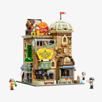 Vue de face du set Pantasy 85023 Craft Brewery avec enseigne Craft Beer, engrenages, dôme et trois figurines