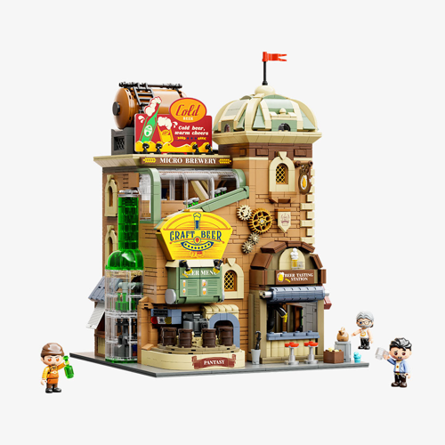 Vue de face du set Pantasy 85023 Craft Brewery avec enseigne Craft Beer, engrenages, dôme et trois figurines
