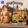 Mise en scène promotionnelle Pantasy Craft Brewery avec bâtiment modulaire et figurines dans un décor de village