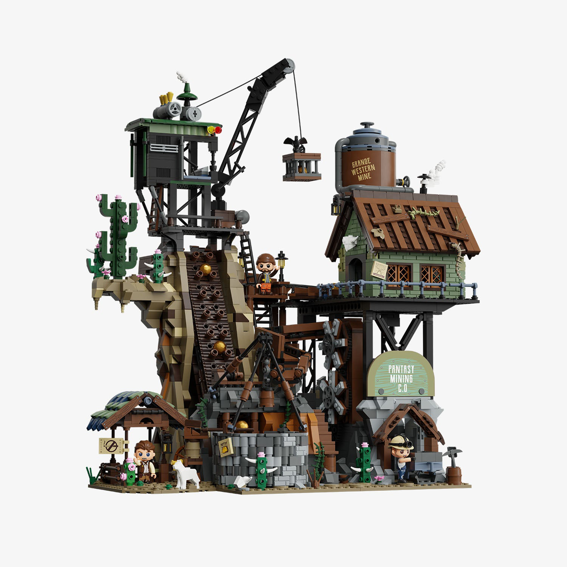 Vue d'ensemble du set Pantasy 85025 Western Mine avec grue, bâtiments miniers, cactus et figurines sur fond blanc