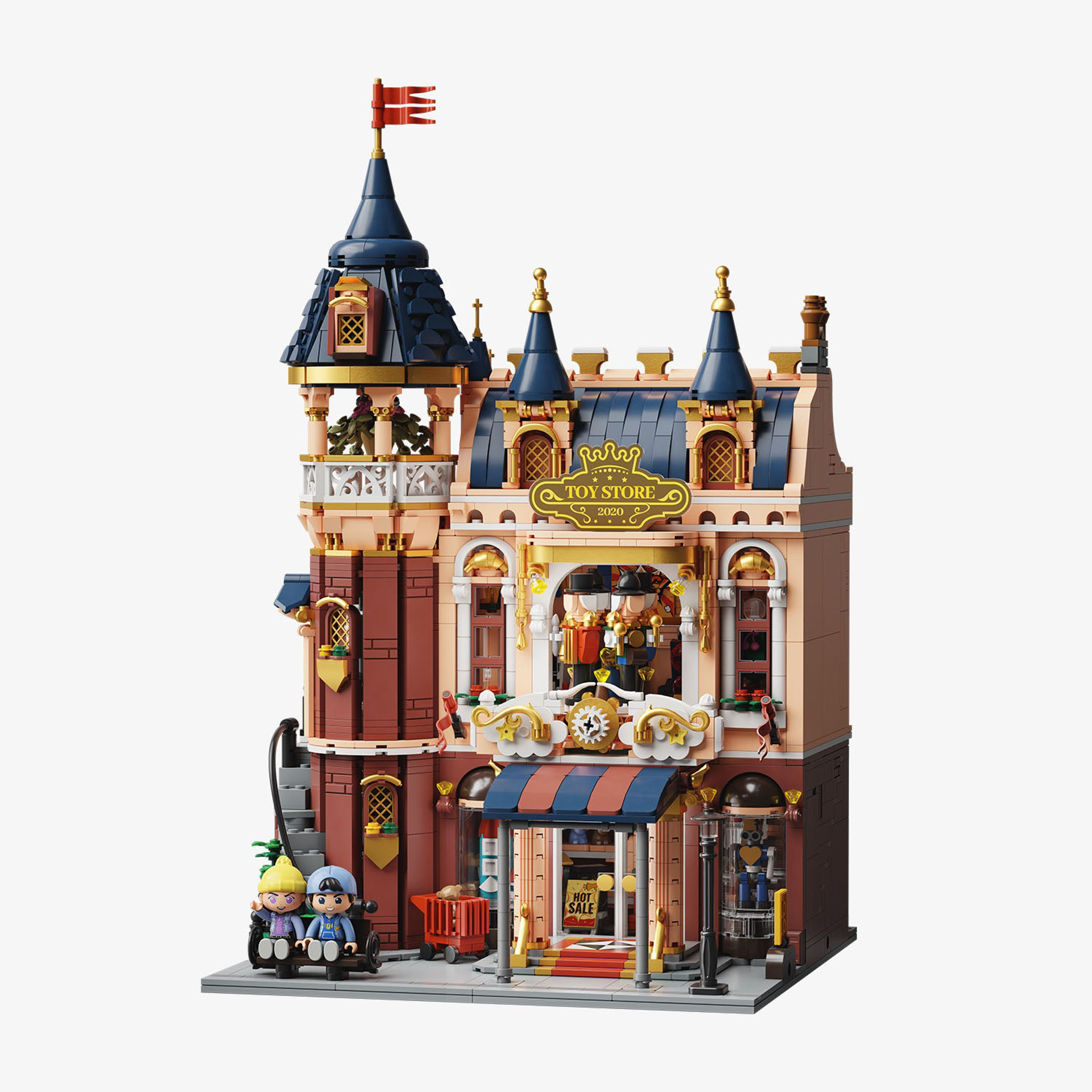 Vue de face du set Pantasy 85031 Toy Store, bâtiment modulaire victorien avec tour, toits bleus et enseigne dorée Toy Store 2020