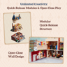 Structure modulaire du Pantasy Toy Store montrant les modules détachables et l'intérieur avec murs ouvrants et détails