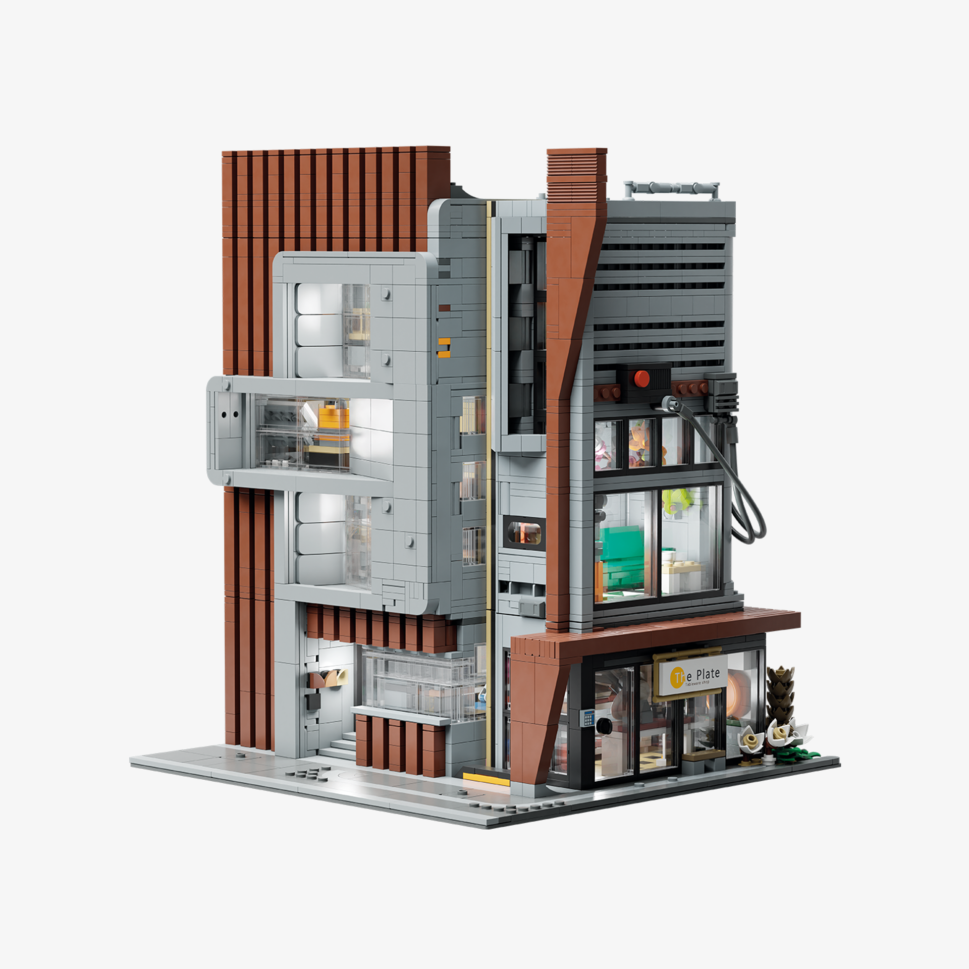 Vue en angle du set Pantasy 85041 Cabinet d'Architecture avec façade grise et bardage brun, boutique The Plate au rez-de-chaussée