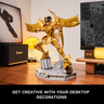 Figurine Saint Seiya Sagittaire dorée exposée sur un bureau avec enceinte Marshall, écran manga et horloge en décoration
