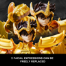 Deux visages interchangeables de Seiya avec casque doré du Sagittaire, expressions différentes pour personnaliser la figurine