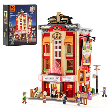 Set Balcony Theatre F9056 de FunWhole avec boîte, façade rouge illuminée, enseigne Shakespeare Fest et minifigurines