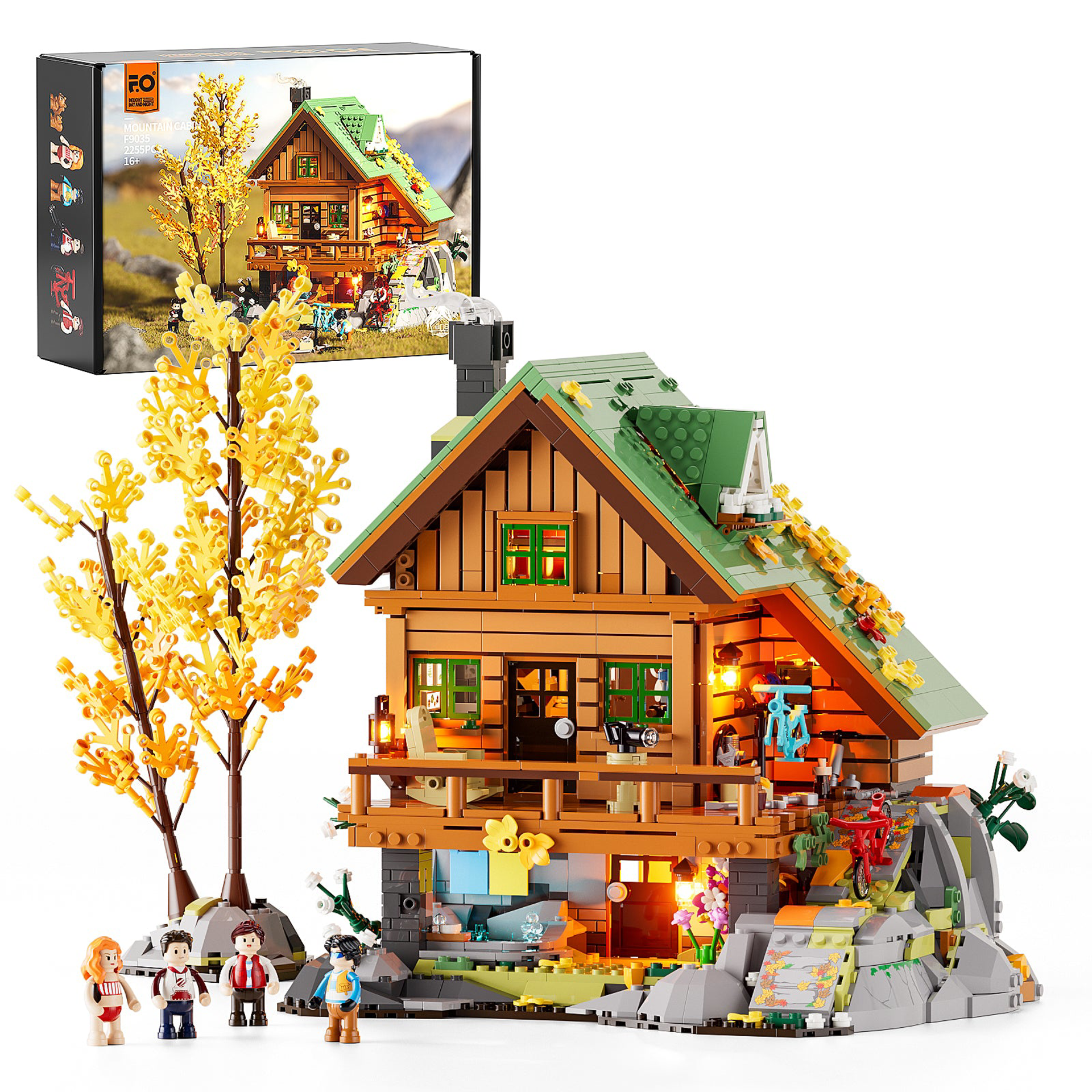 Kit de construction chalet de montagne FunWhole F9035 2255 pièces avec boîte, arbre jaune automnal et figurines