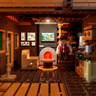 Intérieur chaleureux du chalet avec cheminée allumée, fauteuil, tableaux botaniques au mur et figurine debout