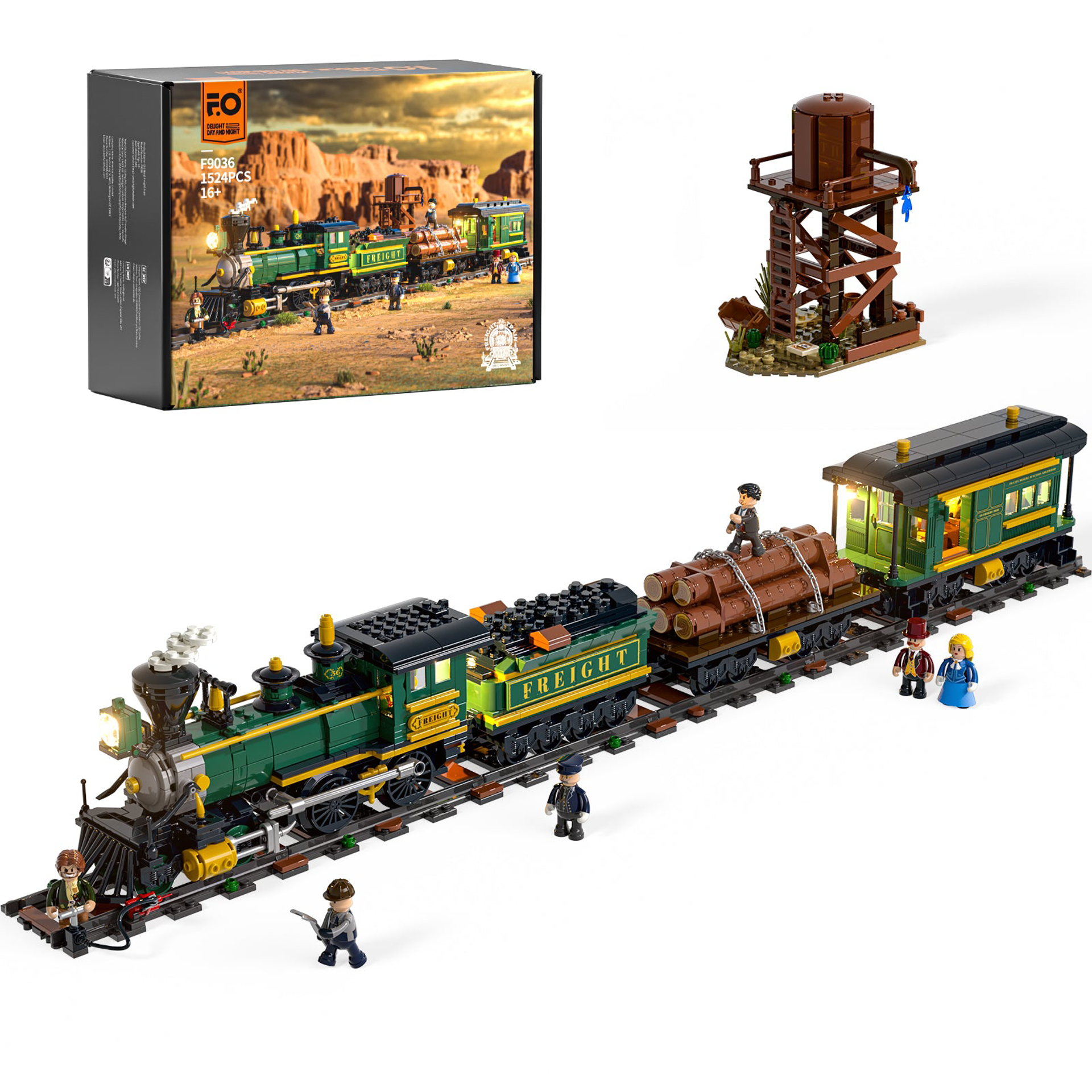 Set complet train de marchandises western F9036 1524 pièces avec boîte, locomotive à vapeur verte, wagons, château d'eau et figurines
