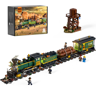 Set complet train de marchandises western F9036 1524 pièces avec boîte, locomotive à vapeur verte, wagons, château d'eau et figurines