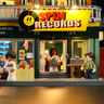 Devanture illuminée du magasin Spin Records avec enseigne jaune, minifigurines devant l'entrée vitrée et enceinte vintage