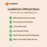 Infographie Lumibricks Official Store présentant les avantages : garantie authentique, garantie 2 ans, points de fidélité et livraison directe