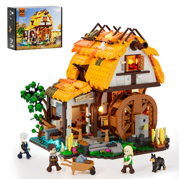 Set de construction moulin à eau médiéval F9061 FunWhole 1278 pièces avec boîte, figurines et éclairage LED