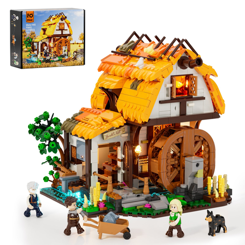 Set de construction moulin à eau médiéval F9061 FunWhole 1278 pièces avec boîte, figurines et éclairage LED