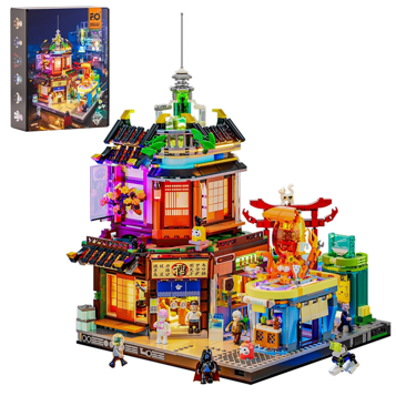 Set de construction Lumibricks F9073 Izakaya avec boîte, rue japonaise illuminée avec enseignes en kanji, torii rouge et figurines