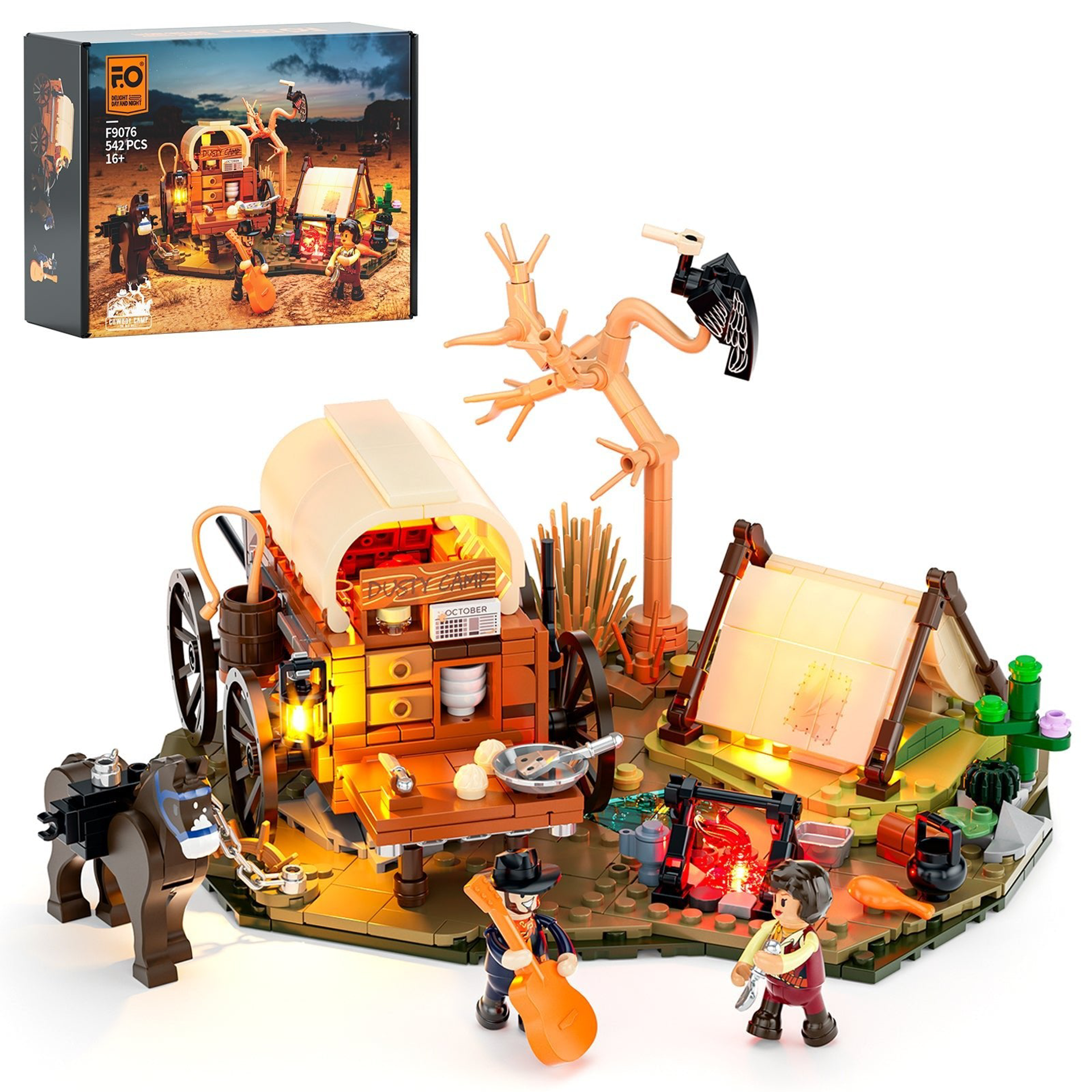 Set Lumibricks F9076 Dusty Camp 542 pièces avec chariot western, tente, feu de camp, figurines cowboy et boîte d'emballage