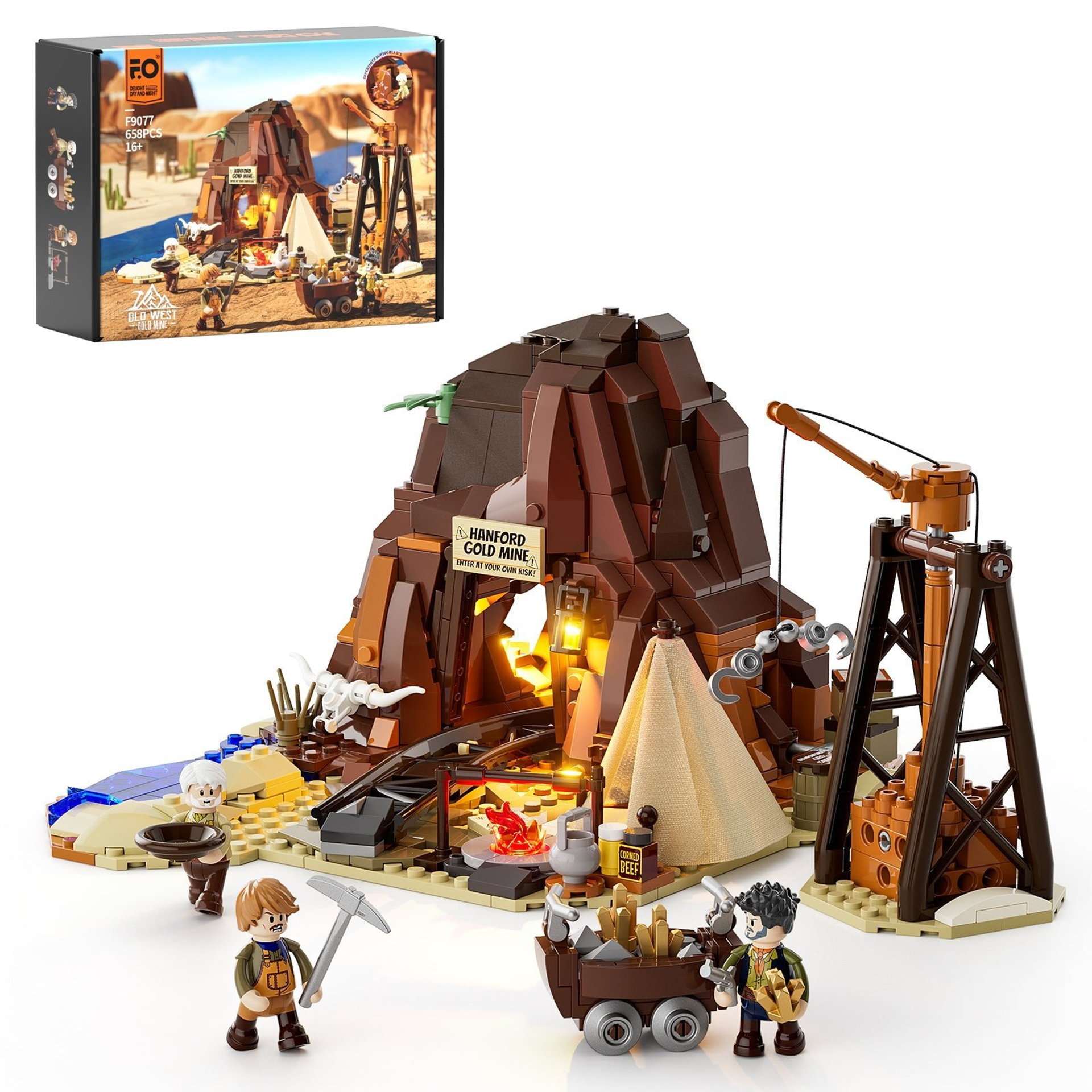 Set de construction F9077 Old West Gold Mine avec boîte, mine d'or, figurines de mineurs, chariot, grue et feu de camp